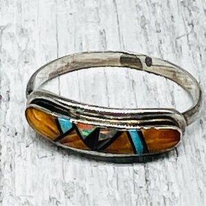 134.Designer signed Vivi Barbone Navaho Sterling multi-stone inlaid ring sz 8.75